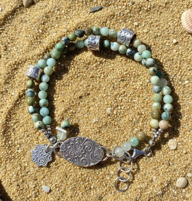 2 strand chrysocolla beaded bracelet with fine silver charms and "floating" silver beads
