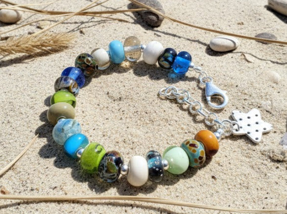 Shades of Blue Lampwork Bead and Silver Bracelet